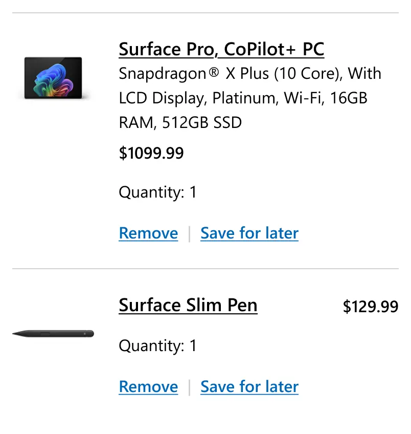 Microsoft's shopping cart line items