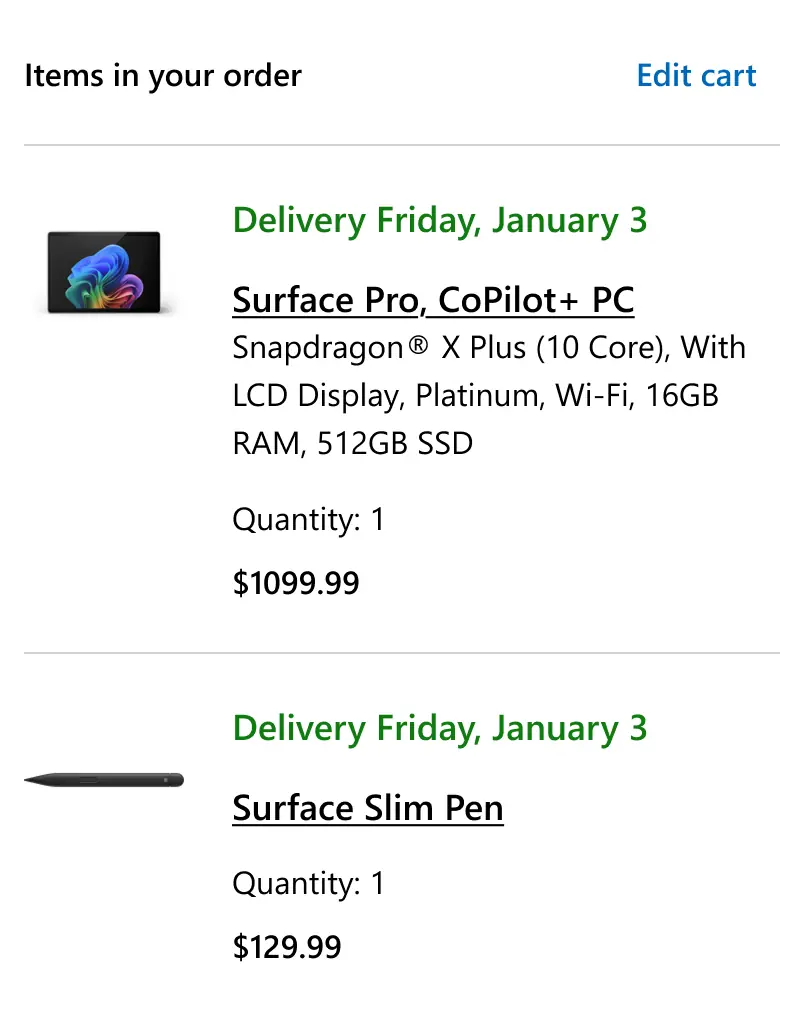 Microsoft's order summary section