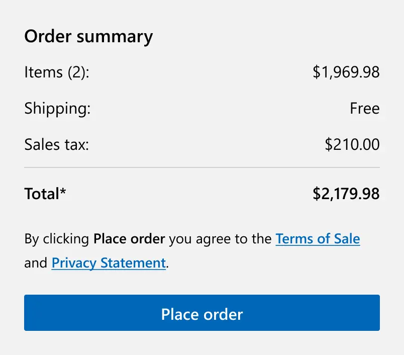 Microsoft's order summary section
